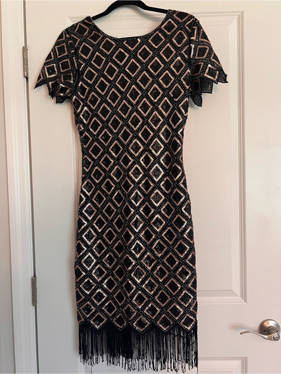 Dresses & Skirts - Vintage 1920s Art Deco Black Beaded Sequin Fringe Cocktail Dress | Size L